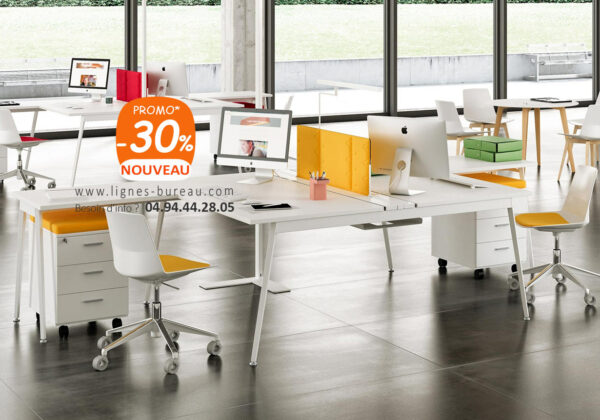 Bureau bench blanc 2 personnes pour open space design, avec écran acoustique jaune, Kiwi