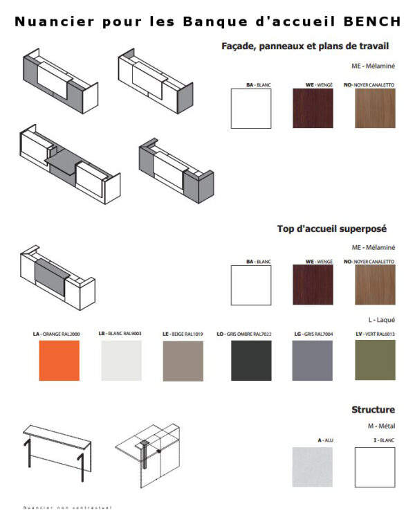 Nuancier des couleurs des banques d'accueil de la gamme Bench