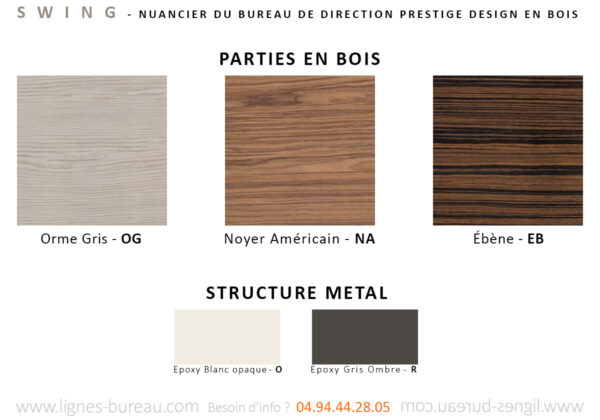 Nuancier du bureau de direction prestige en bois Swing, avec retour sur crédence