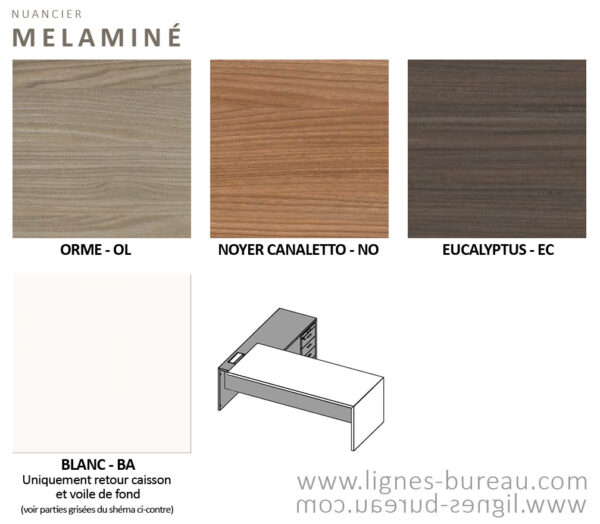 Nuancier des bureaux de direction contemporains et design California blanc et bois orme, noyer et eucalyptus