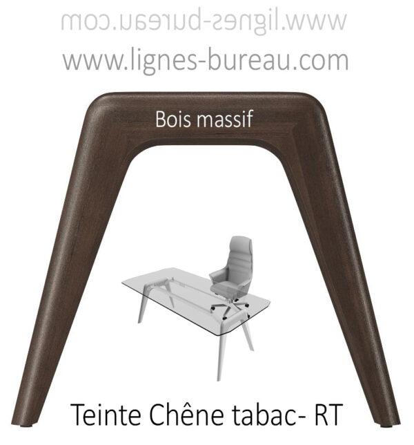 Pied du bureau direction verre transparent Chrystal en teinte chêne Tabac