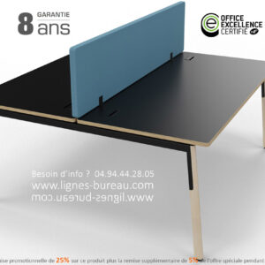 Bureau bench noir et bois 2 personnes, avec écran acoustique tissu Maya, NEW WAVE