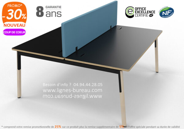 Bureau bench noir et bois 2 personnes, avec écran acoustique tissu Maya, NEW WAVE