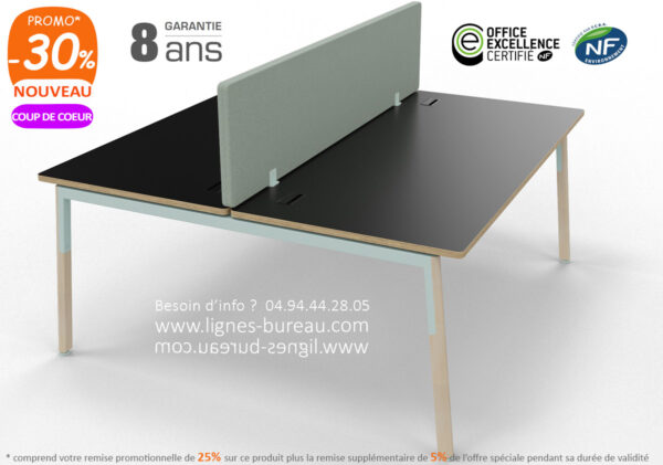 Bureau Open Space noir et bois 2 personnes. Structure vert de gris, écran acoustique Sauge, NEW WAVE