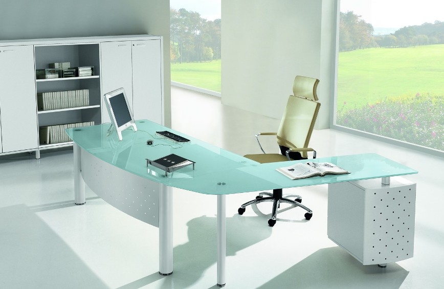 Bureau direction verre blanc laqué Cubeglass. Achat/vente