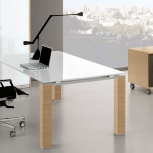 Bureau direction design en verre blanc et pieds bois, Cube-glass