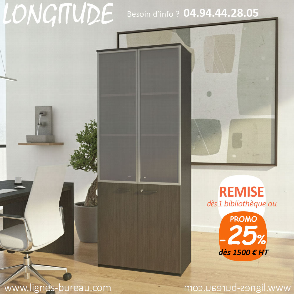 Armoire bibliothèque 4 portes dont 2 vitrées et 2 Eucalyptus, Longitude