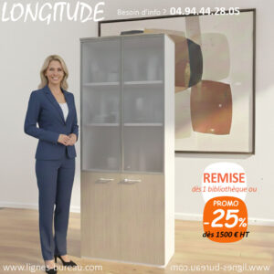 Armoire bibliothèque semi-vitrée design en bois, 4 portes, Longitude