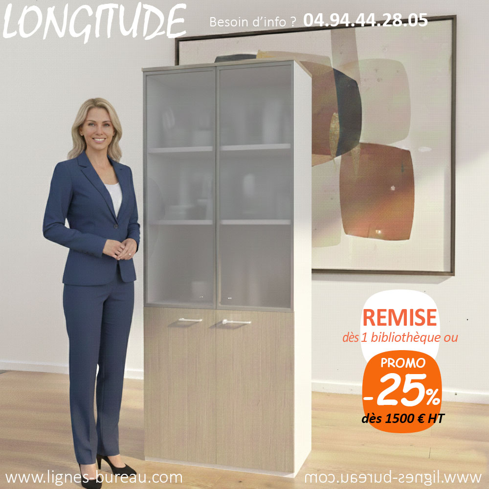 Armoire bibliothèque semi-vitrée design en bois, 4 portes, Longitude