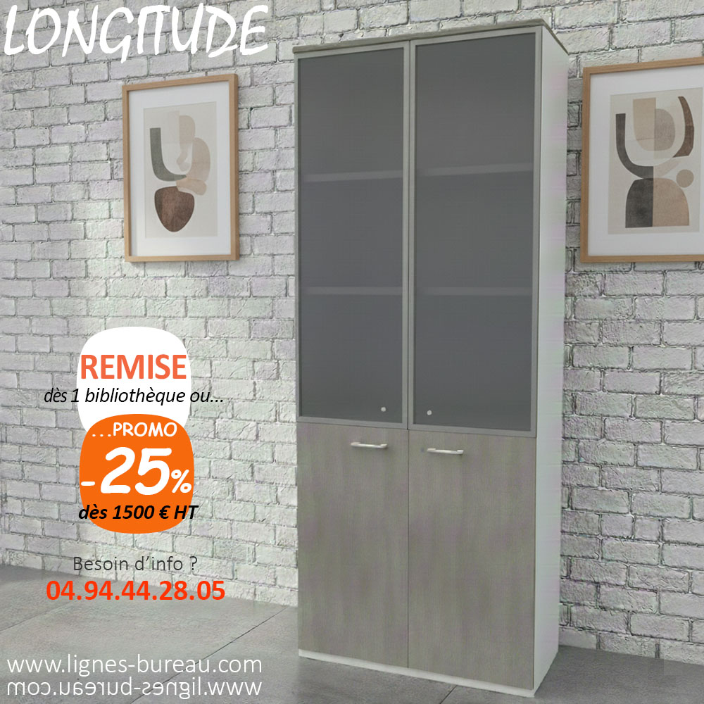 Armoire bibliothèque semi-vitrée moderne, avec déco Béton et blanc, Longitude