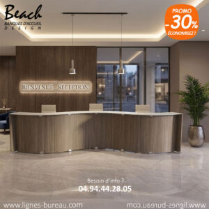 Banque d'accueil haut de gamme courbe BEACH décor Eucalyptus, configuration 3 postes