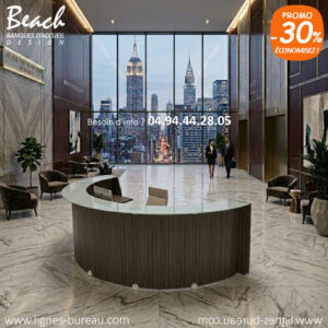 Banque d’accueil arrondie design bois, Eucalyptus et verre blanc, Beach 08