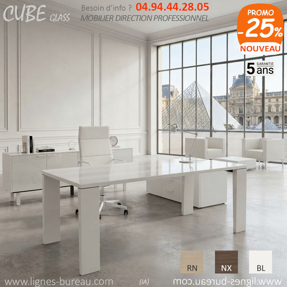 Bureau blanc en verre magnifique, pour dirigeant, Cube-Glass