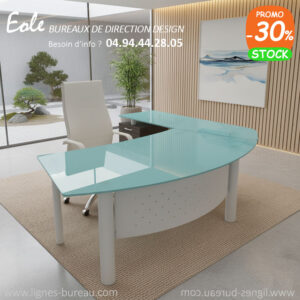 Bureau direction verre arrondi avec retour et caisson à gauche, Eole