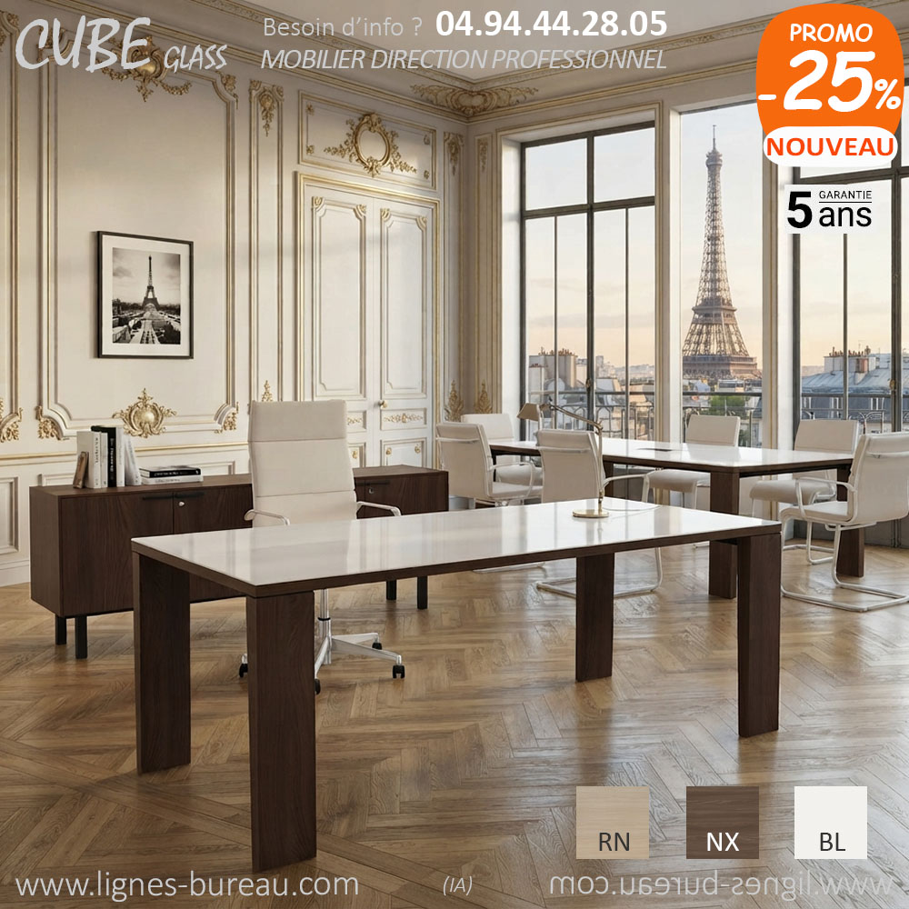 Bureau verre blanc et Noyer Lux élégant, Cube-Glass, pour dirigeant