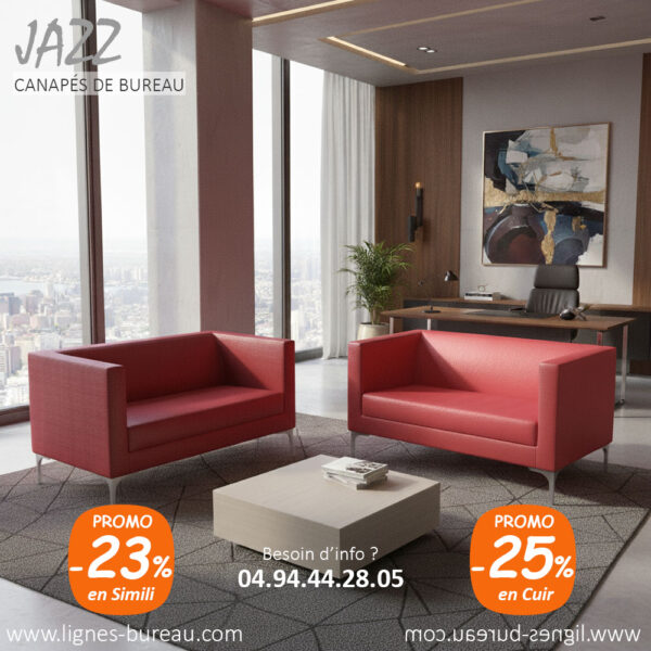 Canapé de bureau 2 places en cuir rouge, pour un l’accueil, Jazz