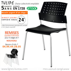 Chaise de collectivité et conférence empilable, noire et alu, TULIPE