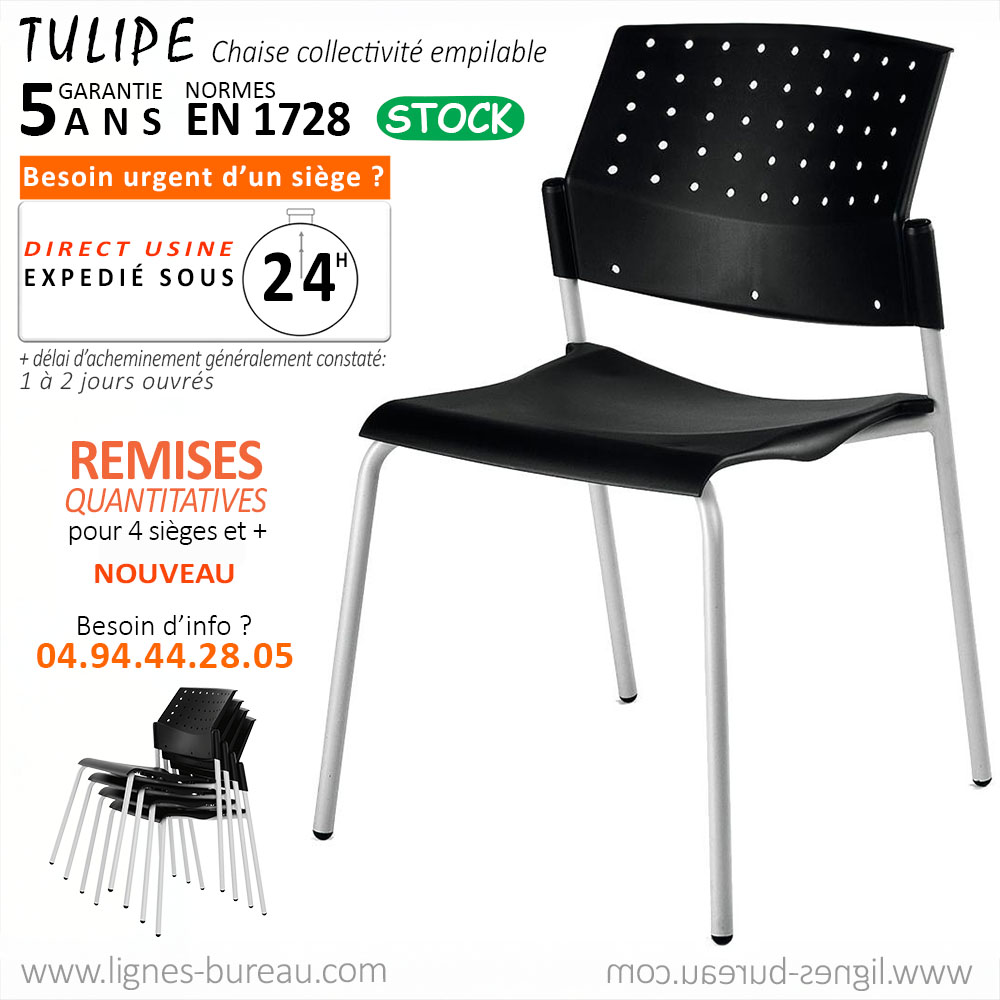 Chaise de collectivité et conférence empilable, noire et alu, TULIPE