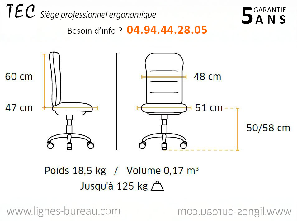 Schéma technique des dimensions, poids et capacité de charge du siège de bureau TEC.