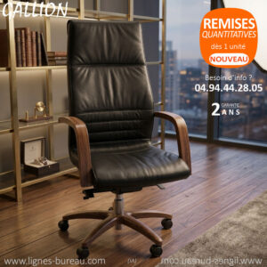 Fauteuil de direction Gallion en cuir noir avec accoudoirs et piétement en bois noyer pour le prestige