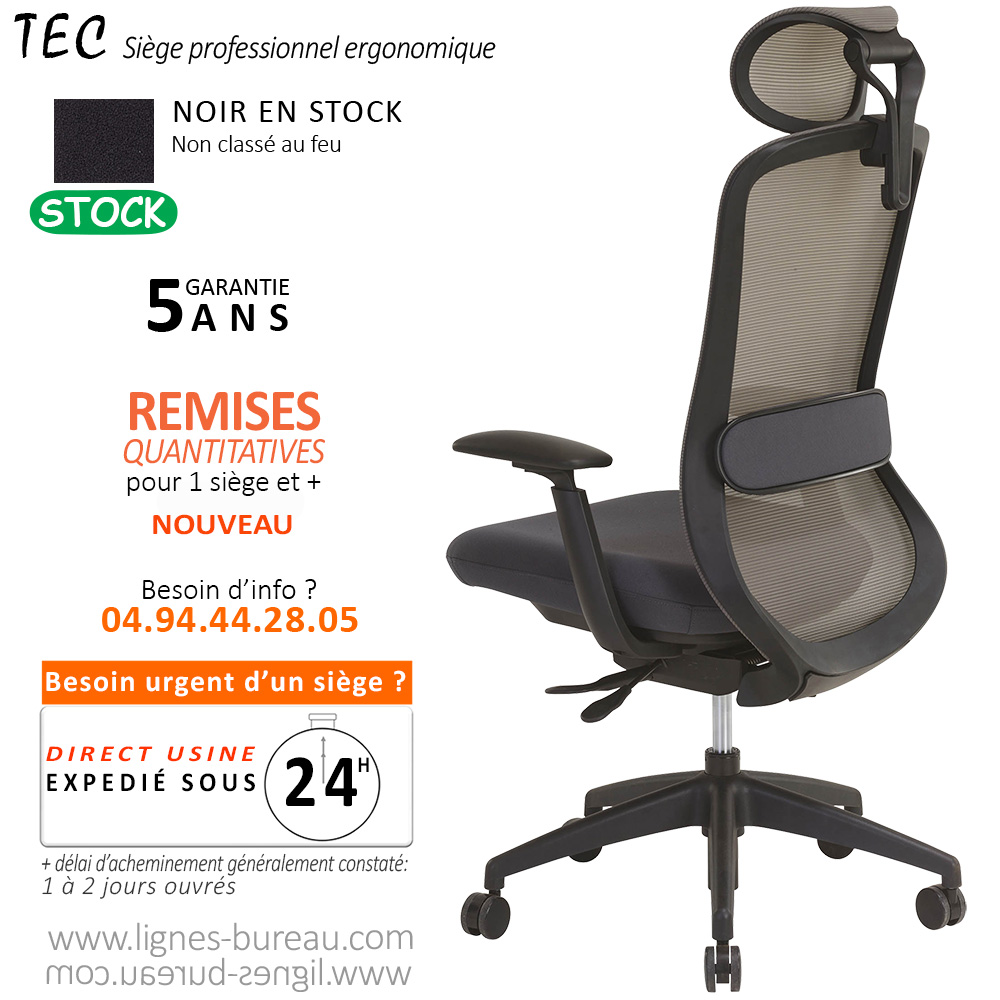 Vue arrière du fauteuil ergonomique TEC montrant la structure et le support lombaire.