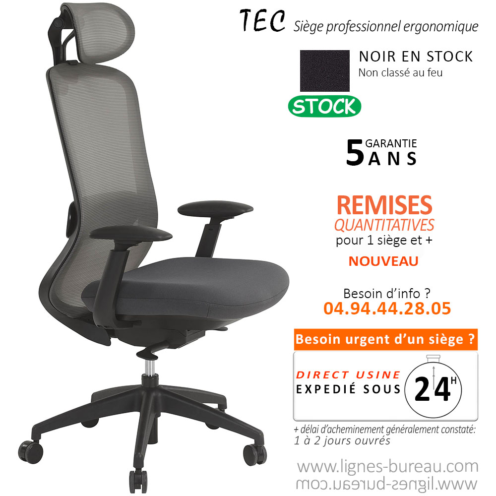 Profil du fauteuil de bureau TEC avec réglages ergonomiques et accoudoirs 4D.