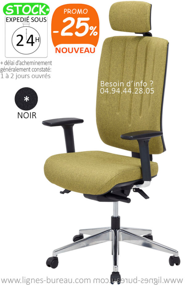 Fauteuil ergonomique synchrone avec têtière en tissu vert chiné 5452, HD