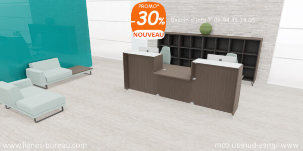 Mobilier de hall d'accueil design, banque PMR, Eucalyptus et verre, Beach 06