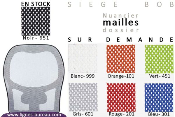 Le dossier du siège design Bob est proposé en 7 couleurs de mailles