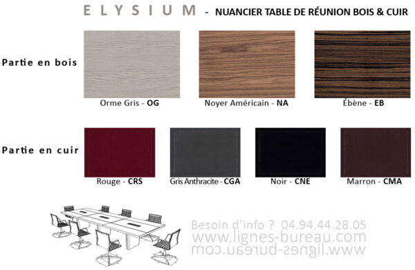 Nuancier bois et cuir pour la grande table de réunion luxueuse, Elysium