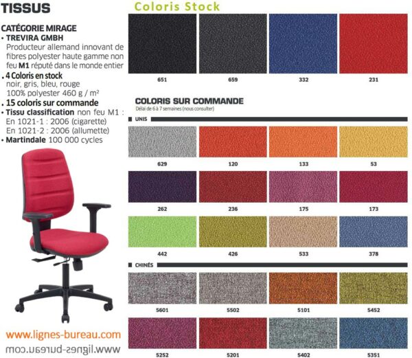 Coloris des revêtements des sièges bureautique pas cher de la gamme Yes