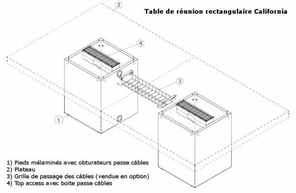 Schéma de la Table de Réunion Design California en version rectangulaire pour 6 à 10 personnes