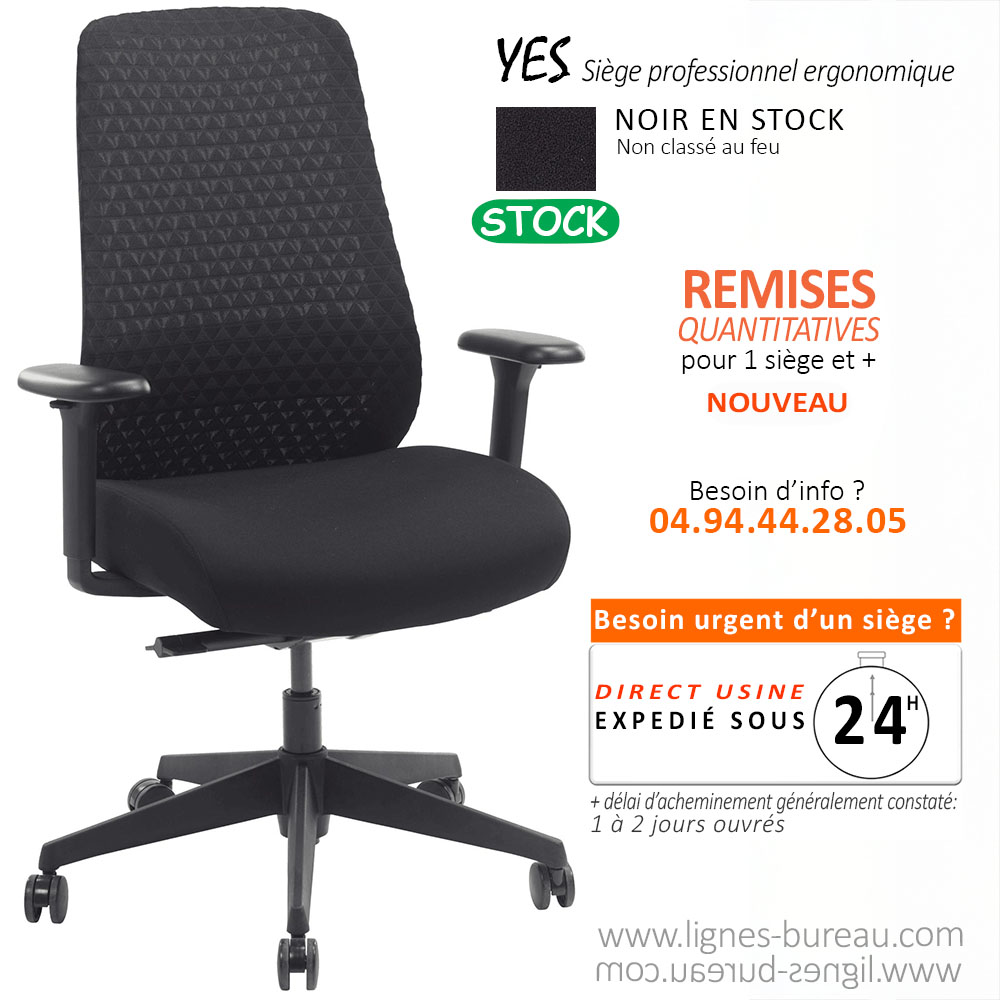 Siège de bureau ergonomique synchrone YES en tissu noir avec dossier 3D et accoudoirs