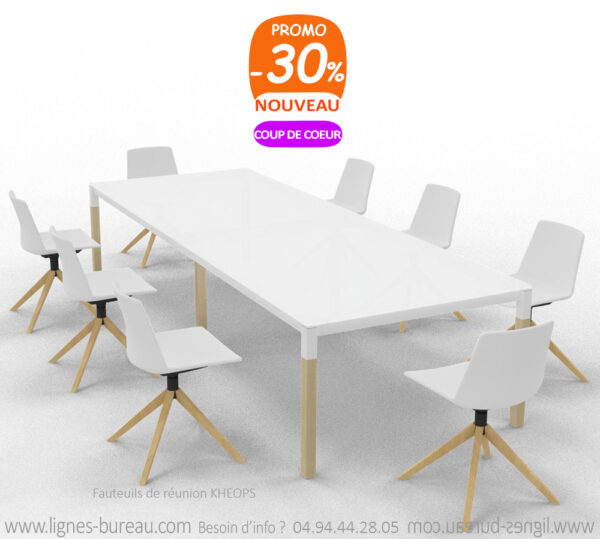 Table de réunion verre blanc pied bois alaska