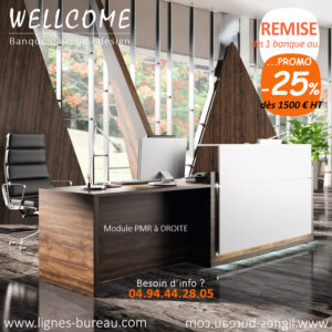 Banque d’accueil design contemporaine bois et blanc avec pmr à droite, Wellcome