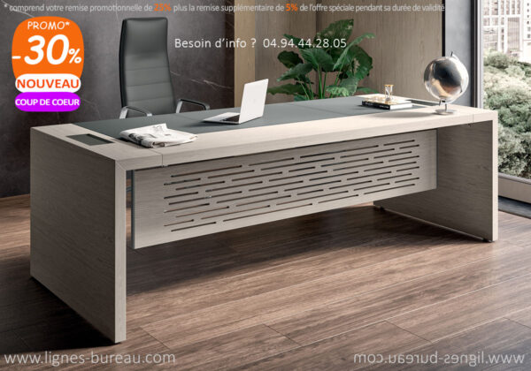 Bureau direction moderne Orme gris, cuir anthracite, design italien, VENDÔME