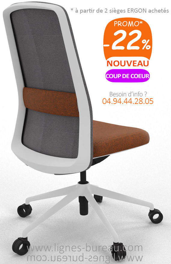 Chaise de bureau ergonomique, structure blanche, resille noire et tissu orange. Gamme ERGON