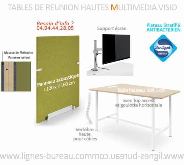 Table de réunion multimédia haute VISIO avec panneau, support écran, vertèbre passe câbles