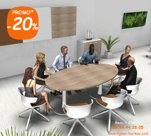 Table de réunion, plateau ovale décor bois orme: gamme Comète