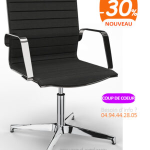 Fauteuil de réunion design luxueux pivotant, cuir noir, chrome, ULTRA