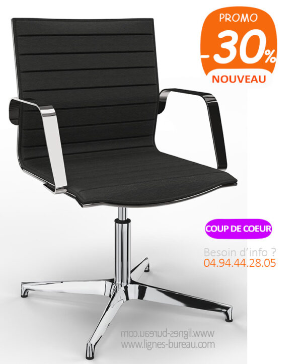 Fauteuil de réunion design luxueux pivotant, cuir noir, chrome, ULTRA