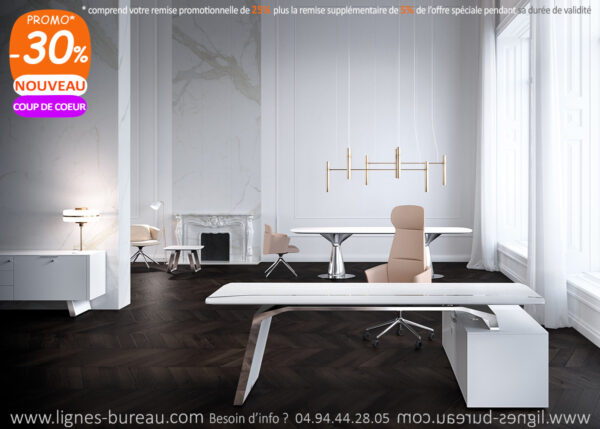 Bureau luxueux blanc au design moderne, pour le prestige. Gamme ATHÉNA
