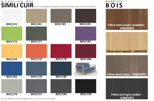 Carte des similicuirs et des bois pour le canapé 2 places Croisette