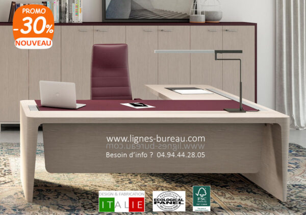 Bureau direction prestigieux, bois Orme gris et cuir rouge, Elysium