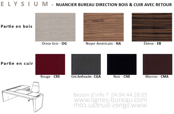 Nuancier bois et cuir du bureau direction et retour Elysium