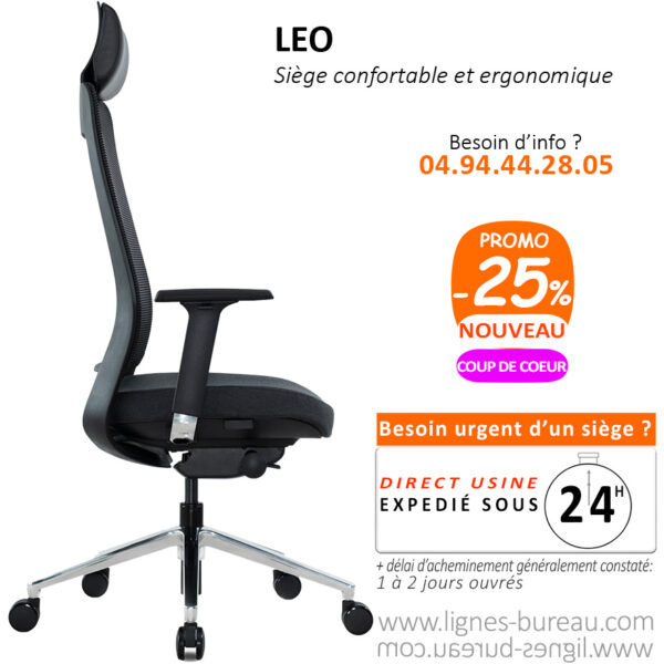 Fauteuil de bureau confortable élégant, noir avec têtière, Léo