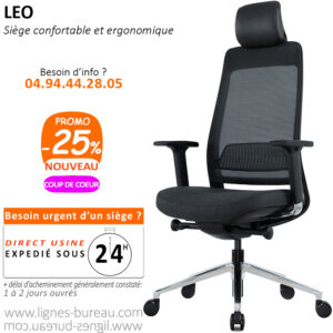 Siège de bureau confortable design noir, accoudoirs, appui-tête, Léo