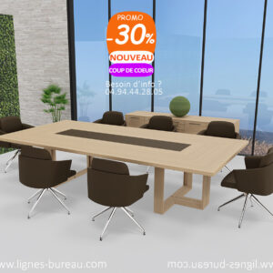 Table de réunion de luxe en chêne naturel et cuir marron, contemporaine, L320cm, Littoral