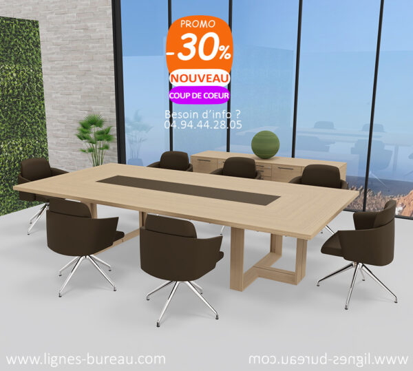 Table de réunion de luxe en chêne naturel et cuir marron, contemporaine, L320cm, Littoral