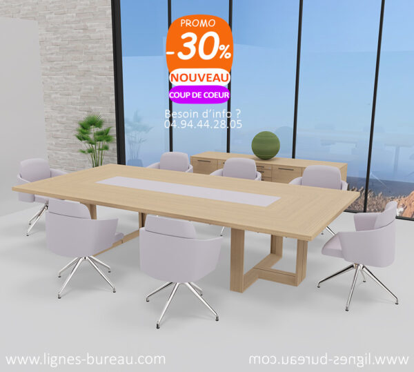 Table de réunion luxueuse, contemporaine, en chêne naturel et cuir lavande clair, Littoral